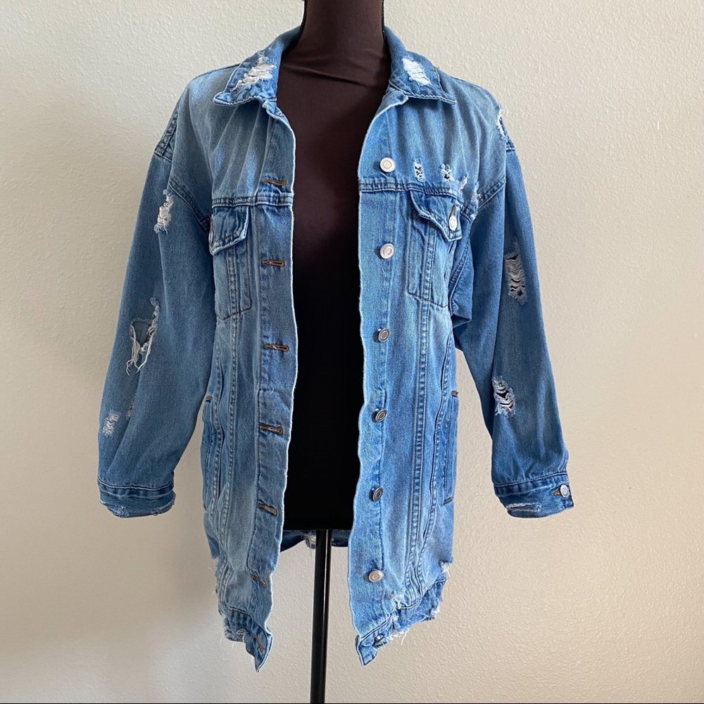 Drop Shoulder Ripped Oversized Denim Jacket